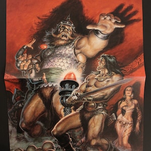 May include: A fantasy illustration depicting three figures. A large, muscular, bearded warrior wearing a horned helmet and chainmail armour stands with his arm raised. A second warrior, also muscular, holding a sword and wearing a fur loincloth, stands in front of the first warrior. A third figure, a woman with long dark hair, stands behind the second warrior. The background is a red and orange sky with a dark shadow.