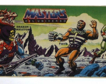 1988 Masters Of The Universe Dragon Blaster SKELETOR vs FISTO Sticker Spain Vintage Promo Mattel Motu 22.5 x 9.5 cm (8.9&quot; x 3.75&quot;) Oversized