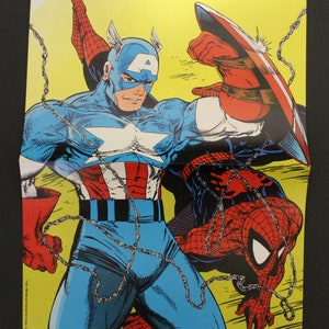 May include: A comic book illustration of Captain America and Spider-Man fighting. Captain America is wearing his classic red, white, and blue costume and is holding his shield. Spider-Man is wearing his red and blue suit and is using his web shooters. The background is yellow with a chain link pattern.
