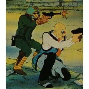 May include: Two cartoon characters, one wearing a green helmet and the other with red-tinted glasses, are holding guns and aiming at each other. The scene is set in a city street with debris scattered on the ground.