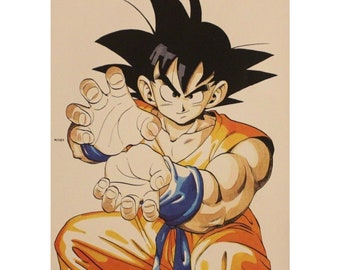 May include: A cartoon illustration of a character with spiky black hair, wearing an orange and blue outfit, with one hand raised in a fighting pose.