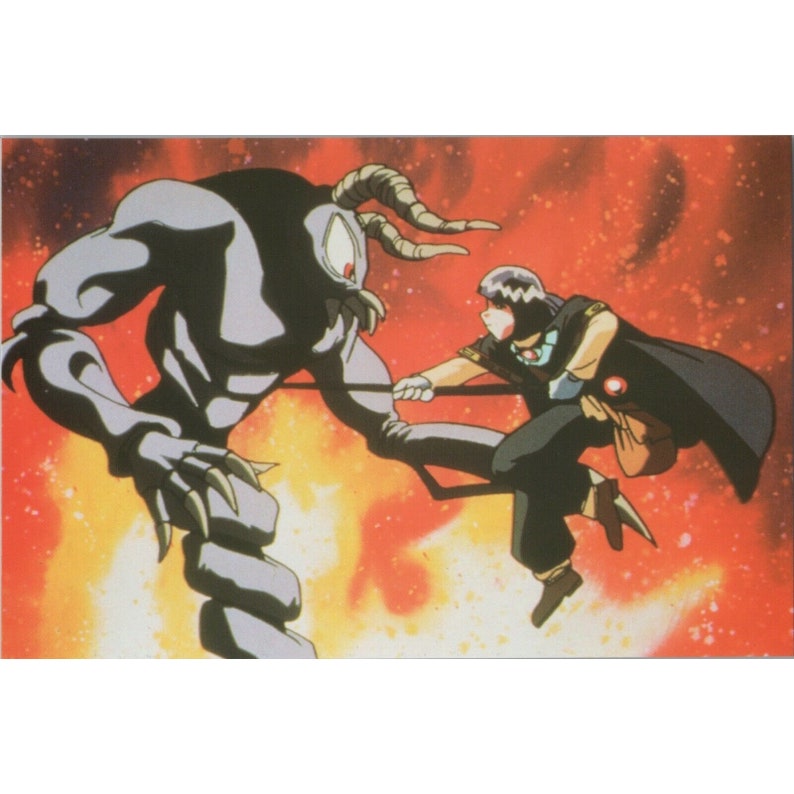 Puede incluir: Una ilustraci&oacute;n de dibujos animados de una persona joven con cabello oscuro y una camisa azul luchando contra un monstruo gris con cuernos en un fondo rojo fuego.