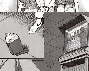 May include: A black and white manga comic book panel featuring three characters. The character in the center is wearing a white baseball jersey with a letter 'P' on the front. The character on the left is wearing a dark patterned shirt and a baseball cap. The character on the right is wearing a dark patterned shirt and a baseball cap. The panel is divided into three sections. The top section shows the three characters. The middle section shows a book lying on the ground. The bottom section shows a person standing in front of a computer screen.