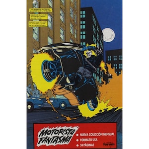 May include: A comic book cover featuring a black motorcycle with flames coming from the wheels. The motorcycle is being ridden by a character with a skull for a head. The cover also features the text "Motorista Fantasma" and "Nueva Coleccion Mensual".