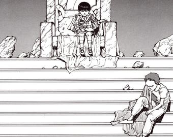 May include: A black and white illustration of two figures. One figure is a young boy sitting on a throne made of stone. The other figure is a young man sitting on a set of stairs. The boy is wearing a military uniform and the man is wearing a casual outfit.