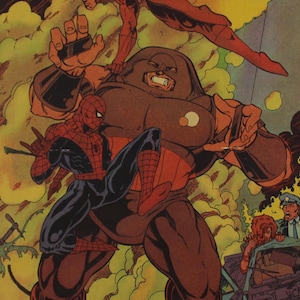 May include: Comic book illustration featuring Spider-Man, Daredevil, and Juggernaut in a dynamic action scene. The Juggernaut is a large, muscular figure with a brown and red color scheme. Spider-Man is in a classic red and blue suit.