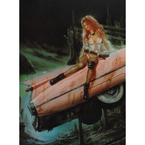 May include: A woman in a white top and fishnet stockings sits on a pink vintage car. The car is partially submerged in a dark, swampy area. The woman is wearing a black leather jacket and has long red hair.
