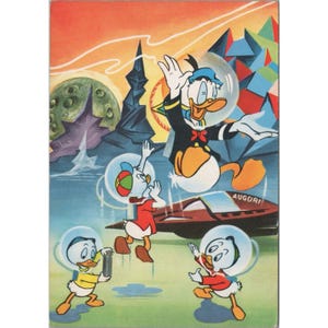 1963 KACZOR DONALD W KOSMOSIE Oryginalna pocztówka 5,75" x 4" (14,5 x 10 cm.) Włoski przedmiot zabytkowy Walt Disney