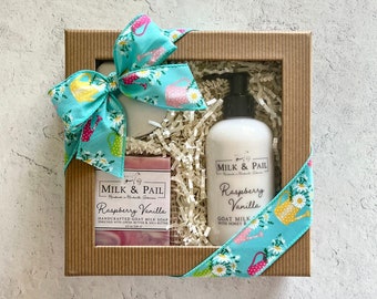 Raspberry Vanilla Goat Milk Soap Gift Set for Mom, Gift Box for Women, Goat Milk Lotion, Whipped Sugar Scrub Bath Set
