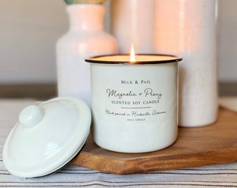 Magnolia and Peony Soy Candle | Handpoured in Enamelware Canister, Handmade Farmhouse Decor, Best Friend Birthday Gift for Her, Mothers Day