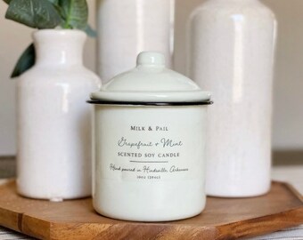 Grapefruit Mint Soy Candle | Handpoured in Enamelware Canister, Handmade Farmhouse Decor, Best Friend Birthday Gift for Her, Mothers Day