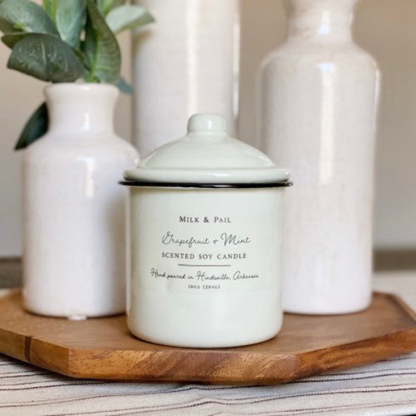 Grapefruit Mint Soy Candle | Handpoured in Enamelware Canister, Handmade Farmhouse Decor, Best Friend Birthday Gift for Her, Mothers Day