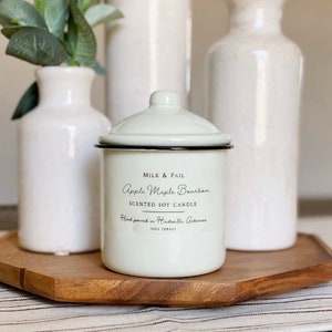 Apple Maple Bourbon Hand Poured Soy Candle Enamelware Canister, Handmade Farmhouse Decor, Best Friend Birthday Gift for Her, Mothers Day image 2