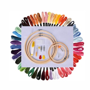 Embroidery Kit for Beginners, 50 Colors Floss Thread for Cross Stitch, Tool Kit, 5 Hoops, 2 Aida Cloth & FREE MANUAL How to Use it.