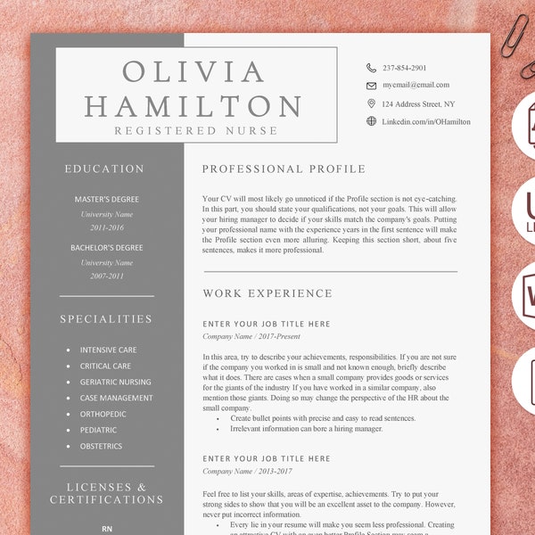 Registered Nurse Resume Template / Word or Apple Pages Format / RN CV + Cover Letter, References / Size A4 & US Letter / Original Design