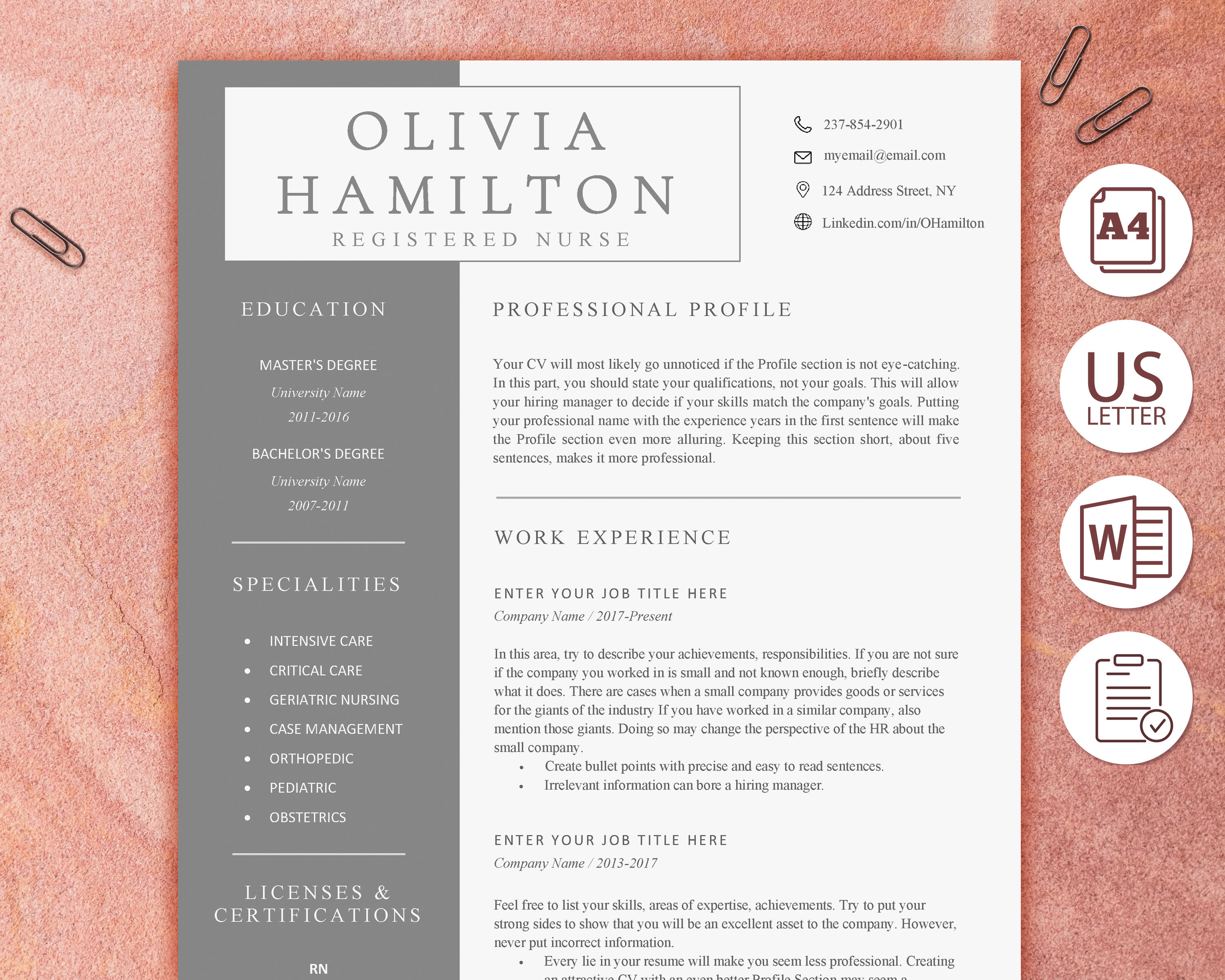 Registered Nurse Resume Template / Word or Apple Pages Format / RN CV…