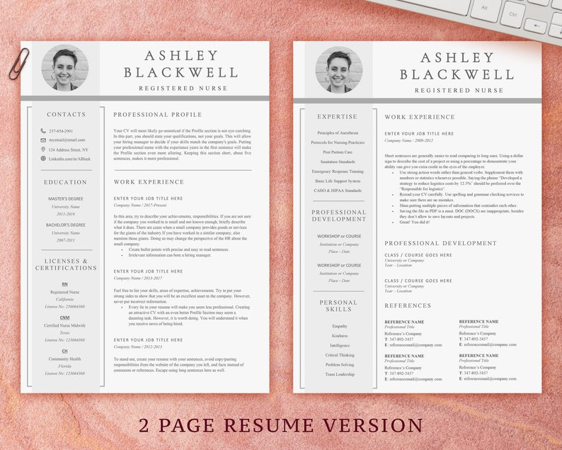 Nurse Resume Template Word or Apple Pages / RN Resume / Size A4 and US Letter / Medical CV Template with Photo, Picture / Nurse Practitioner image 5