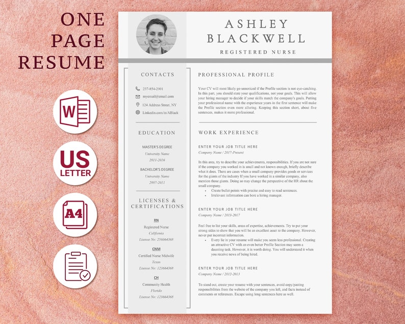 Nurse Resume Template Word or Apple Pages / RN Resume / Size A4 and US Letter / Medical CV Template with Photo, Picture / Nurse Practitioner image 4