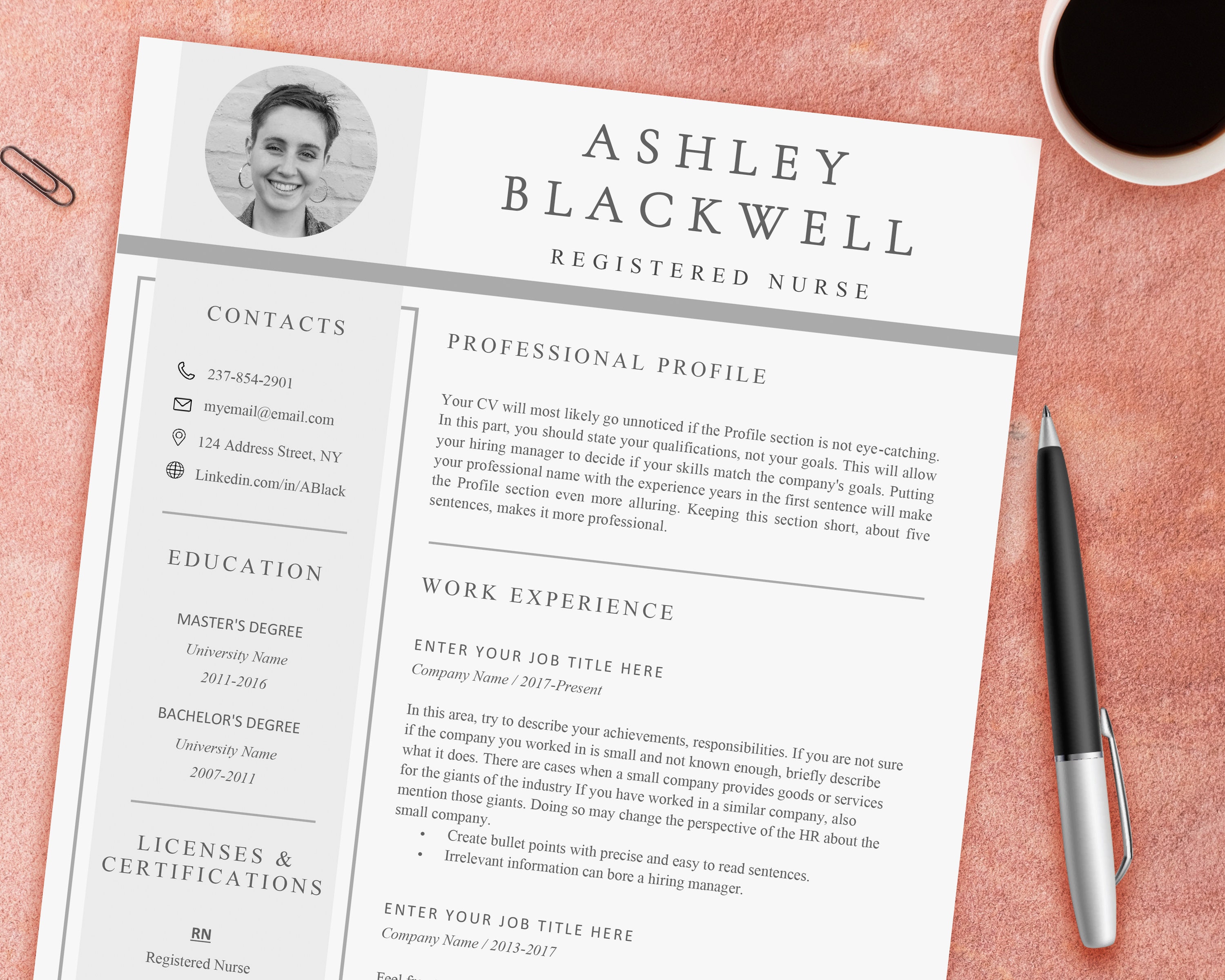 Nurse Resume Template Word or Apple Pages / RN Resume / Size A4 and US