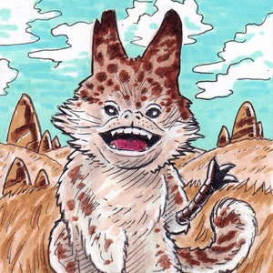 May include: A cartoon illustration of a brown and white furry creature with a wide open mouth and large eyes. The creature has long, thin legs and a long tail. It is sitting on a brown grassy surface with brown rock formations in the background.