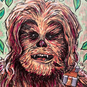 Chewbacca the Wookiee Sketch Card Oryginalna ręcznie rysowana grafika jako kolekcjonerska karta handlowa. Świetny prezent!
