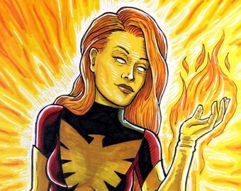 Dark Phoenix colored paper original drawing. X-Men Jean Grey cosmic power. Mutant hero villain. Great gift for comic fan.