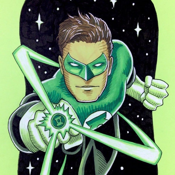 Green Lantern Hal Jordan most legendary Lantern to wield a power ring. Original art on green paper. Hand drawn.