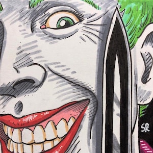 O cartão de desenho original do Coringa desenhado à mão, o arquiinimigo do Batman, DC Comics. Ótimo presente para colecionadores em aniversários ou Natal