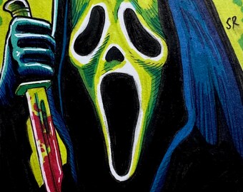 Ghost Face Scream Movie Sketch Card Original dibujado a mano obra de arte coleccionable de películas de terror