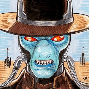 Cad Bane Bounty Hunter hand drawn one of a kind original sketch card. Great gift for Star Wars, Boba Fett or Clone Wars fan.