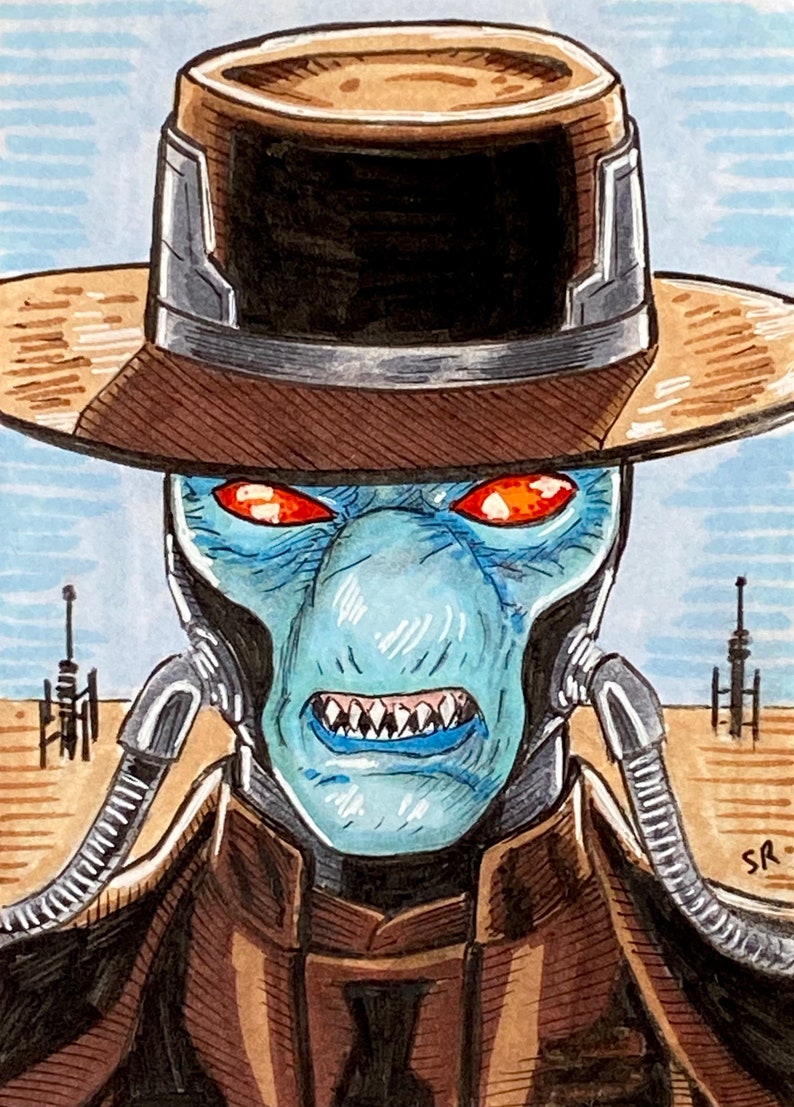 Puede incluir: Un alien&iacute;gena de piel azul con ojos rojos brillantes y dientes afilados lleva un sombrero marr&oacute;n con una banda negra y un ribete plateado. El alien&iacute;gena lleva una chaqueta marr&oacute;n y tiene una manguera negra que sale del lado de su cabeza.