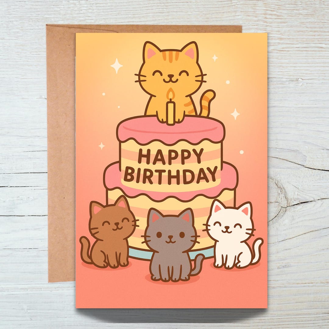 Cute Cat Birthday Card – Kawaii Kitty Birthday Greeting Card for Kids ...
