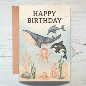 Ocean Animal Birthday Card – Watercolor Whale, Dolphin, and Octopus Greeting Card – Sea Life Birthday Card for Kids or Nature Lovers