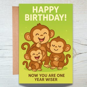 Funny Monkey Birthday Card – Cute Animal Birthday Card for Kids, Friends & Family – Jungle Theme “One Year Wiser” Greeting Card