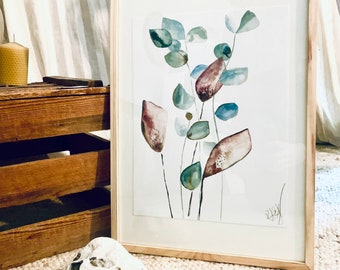 Original Aquarell Bild Eukalyptus Blüten , Frühling Bild, Aquarell Bild, Aquarell Kunst, handgefertigt