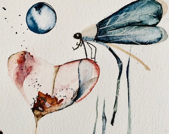 Original Aquarell Bild Libelle Schmetterling, Weihnachtsgeschenk, Frühlingshafte Farben, Frühling Malerei Kunst,Leichtigkeit, handgefertigt