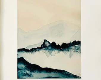 ORIGINAL Aquarell Bild Berg Landschaft japanische Berg See Illustration handgefertigt, auch als Poster