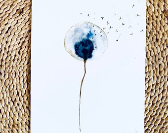 Original watercolour painting dandelion FLOWER illustration, poster, art print poster, handmade watercolour