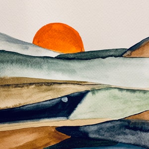 Original Aquarell Bild BERGE, „Sonnenuntergang in der Wüste“ , abstrakte Kunst, Frühling Bild , Illustration abstrakte Landschaft