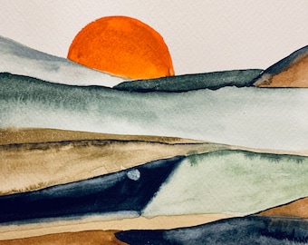 Original Aquarell Bild BERGE, „Sonnenuntergang in der Wüste“ , abstrakte Kunst, Frühling Bild , Illustration abstrakte Landschaft