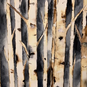 Stampa originale, Betulla FORESTA In Acquerello, Acquerello Betulla Di Notte, Wall Art, Stampa Artistica, Nature Painting, Arte Tecnica Mista