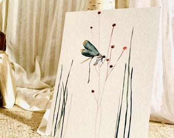 Original watercolor painting dragonfly butterfly, suitable for spring, light colors, delicate lines, handmade original