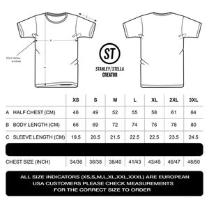 May include: Size chart for a t-shirt with measurements in centimeters and inches. The chart includes sizes XS, S, M, L, XL, 2XL, and 3XL. The measurements include half chest, body length, and sleeve length. The text "ALL SIZE INDICATORS (XS,S,M,L,XL,XXL,XXXL) ARE EUROPEAN USA CUSTOMERS PLEASE CHECK MEASUREMENTS FOR THE CORRECT SIZE TO ORDER" is at the bottom of the chart.