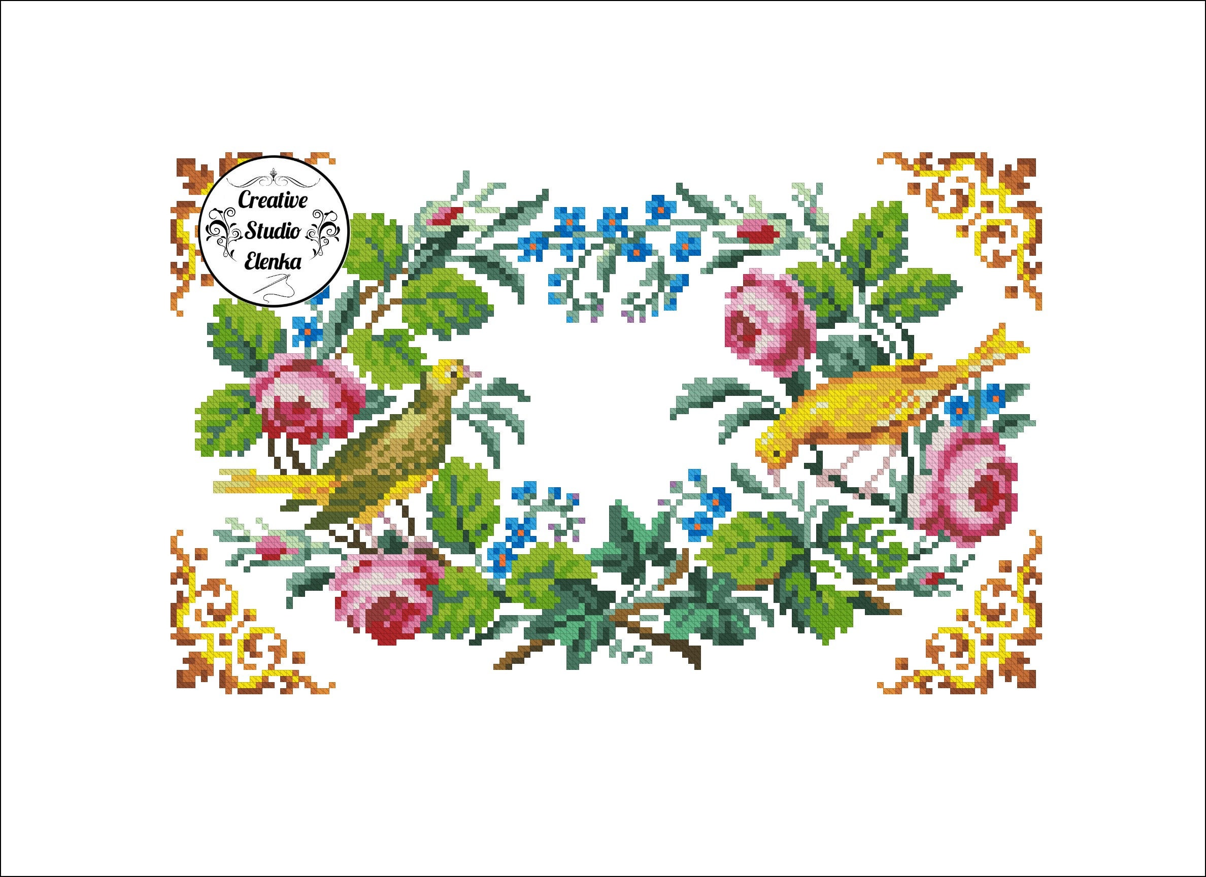 Vintage Cross Stitch Two Birds and Roses Cross Stitch Flowers Etsy