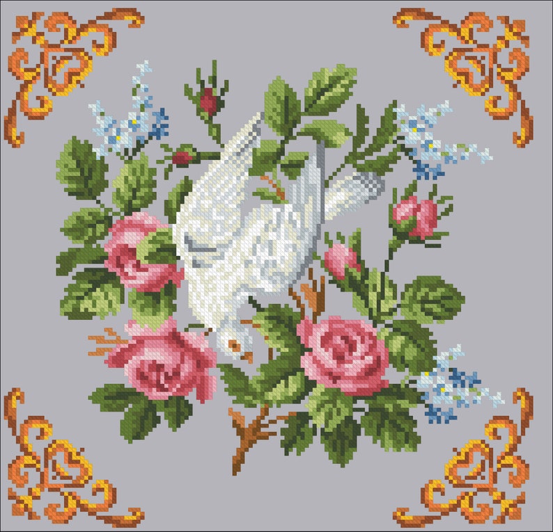 Antique cross stitch pattern of Dove and flowers. Instant Etsy