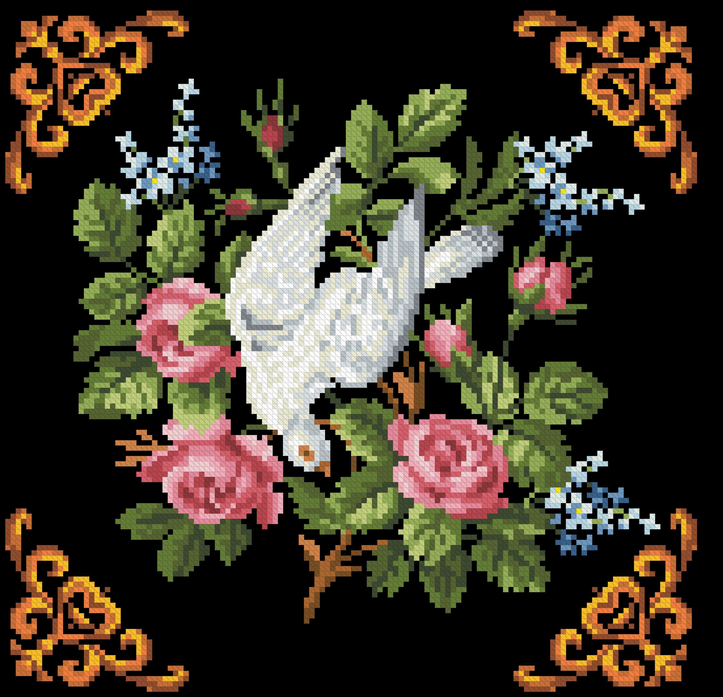 Antique cross stitch pattern of Dove and flowers. Instant Etsy