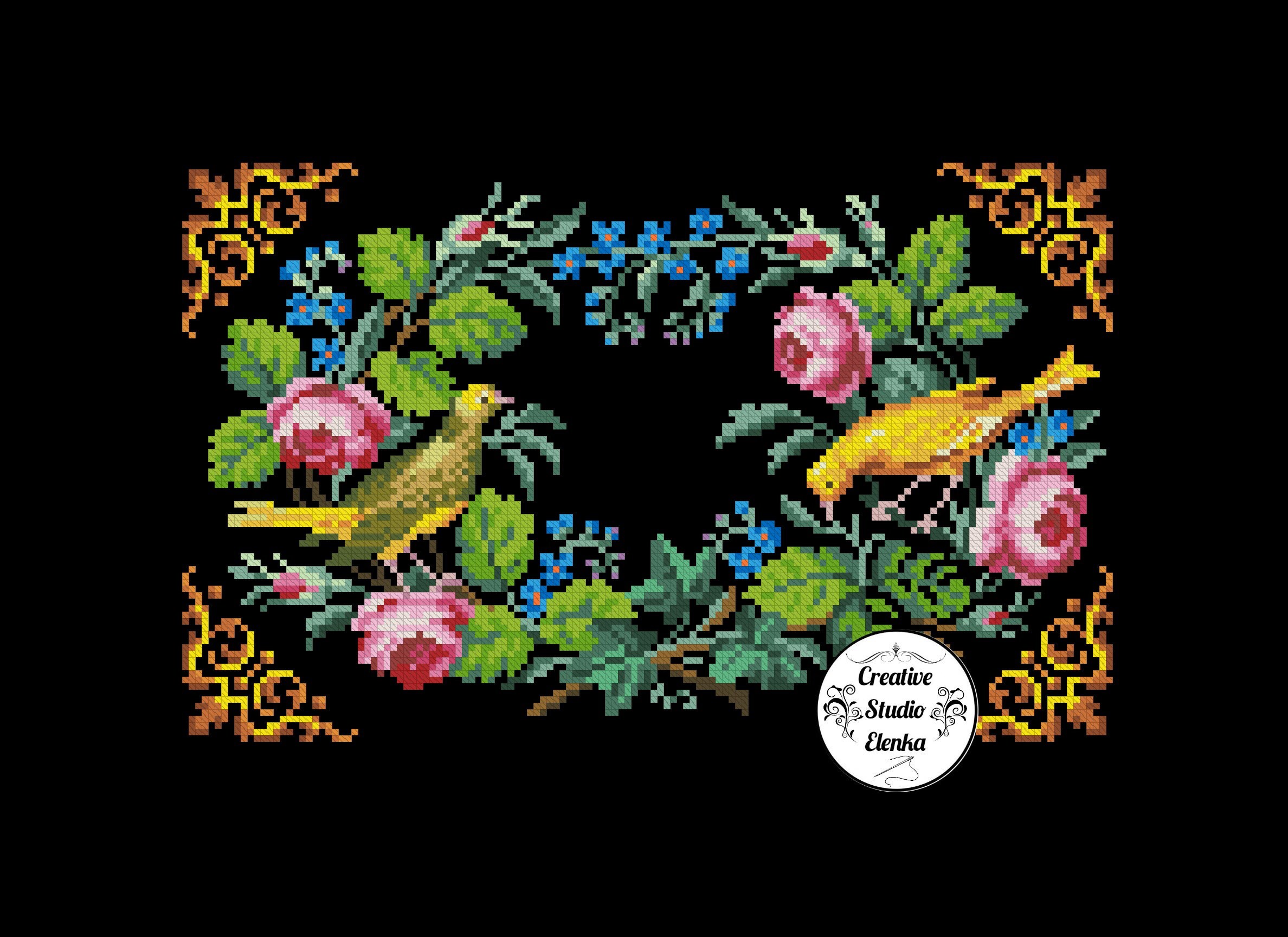 Vintage Cross Stitch Two Birds and Roses Cross Stitch Flowers Etsy