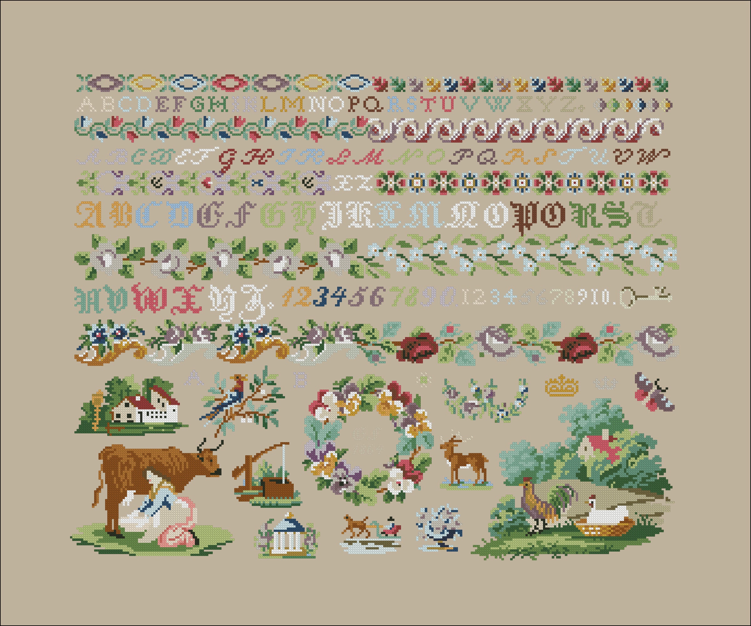 Vintage embroidery Sampler. Antique cross stitch. Embroidery Etsy