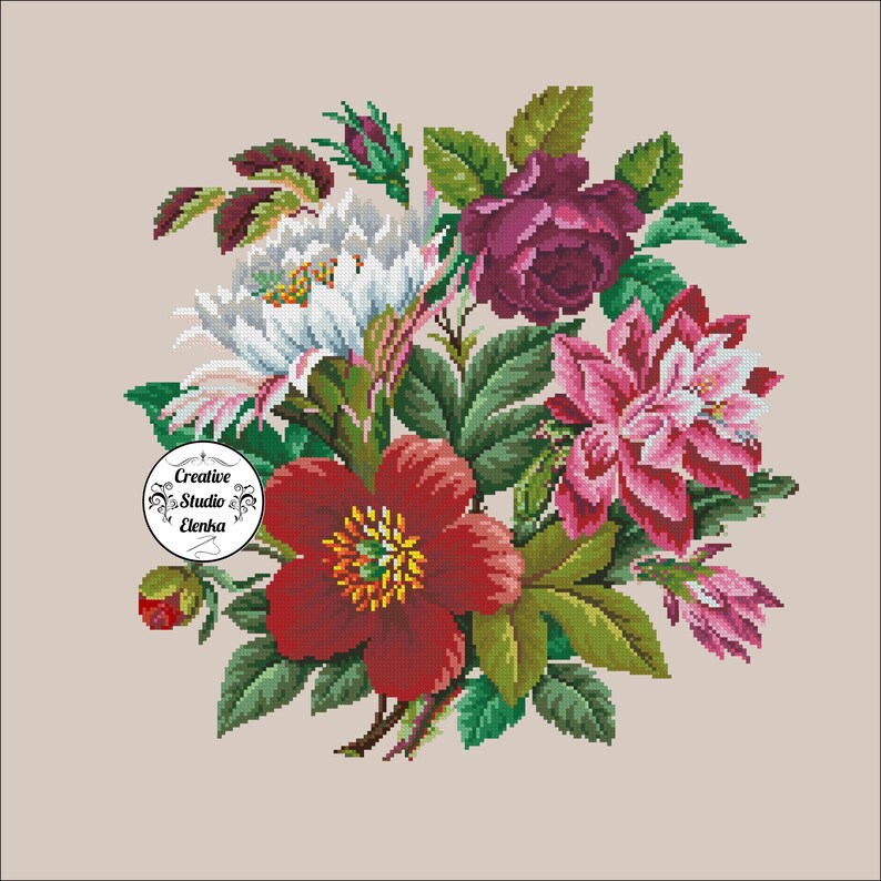 Vintage cross stitch Victroian bouquet of flowers cross Stitch Etsy