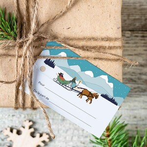Étiquette cadeau promenade en calèche, illustration paysage d'hiver, emballage cadeau Noël, label cadeau Noël, joyeux Noël